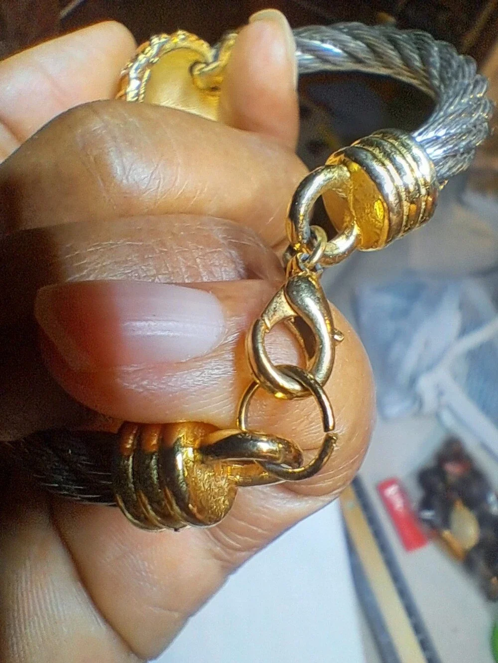 Two-Tone Twisted Cable Statement Cuff Bracelet with Rhinestone Accents